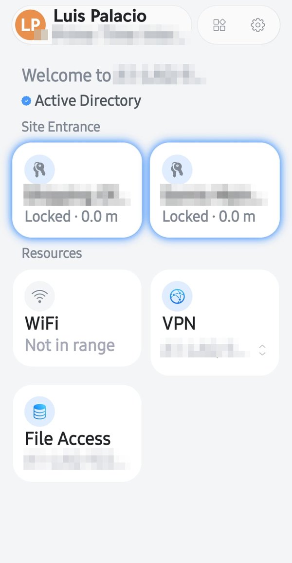 UniFi Endpoint app: two site doors, Wi-Fi, VPN and file access for a signed-in employee.
