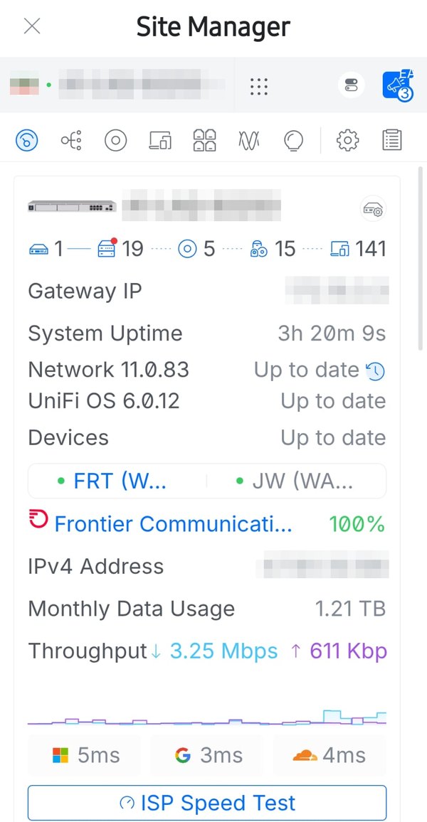 UniFi Site Manager on a phone: gateway status, 141 clients, internet provider at 100%, latency to Microsoft, Google and Cloudflare.