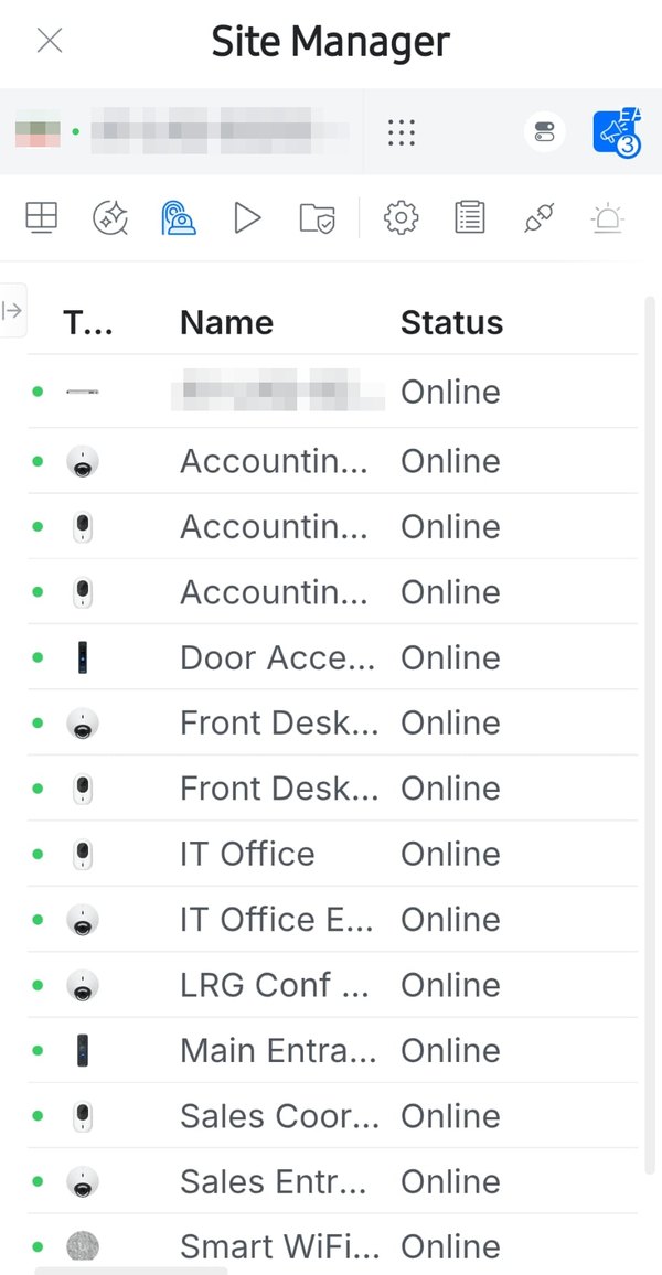 UniFi Protect device list: cameras and door readers named by location, all online.