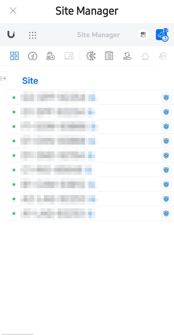 UniFi Site Manager list of nine sites, all online.